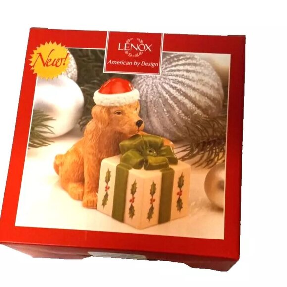 Christma Lenox Golden Lab DOG & PRESENT Salt and Pepper Shakers Holiday - Picture 2 of 4